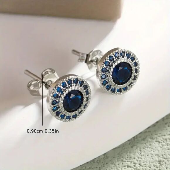 Elegant Round Cut Blue Crystal Silver Stud Earrings Sparkling Classic Fashion - Picture 5 of 6
